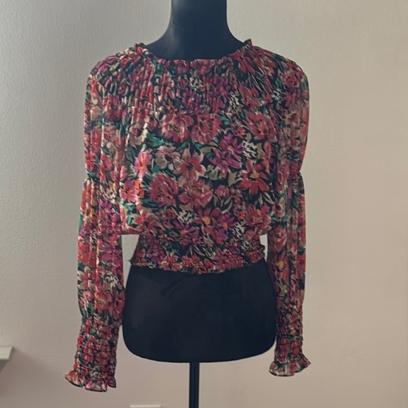 Floral Print smocked waist and cuffs high collar crepe long sleeves top Sz S - Picture 1 of 9